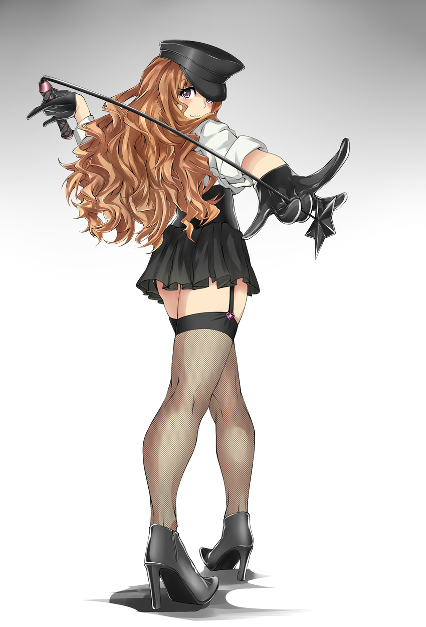 absurdres garter_straps gloves hat high_heels highres hisa_tsuki idolmaster idolmaster_cinderella_girls leather leather_gloves md5_mismatch miniskirt moroboshi_kirari police_hat skirt solo thighhighs wavy_hair whip zettai_ryouiki