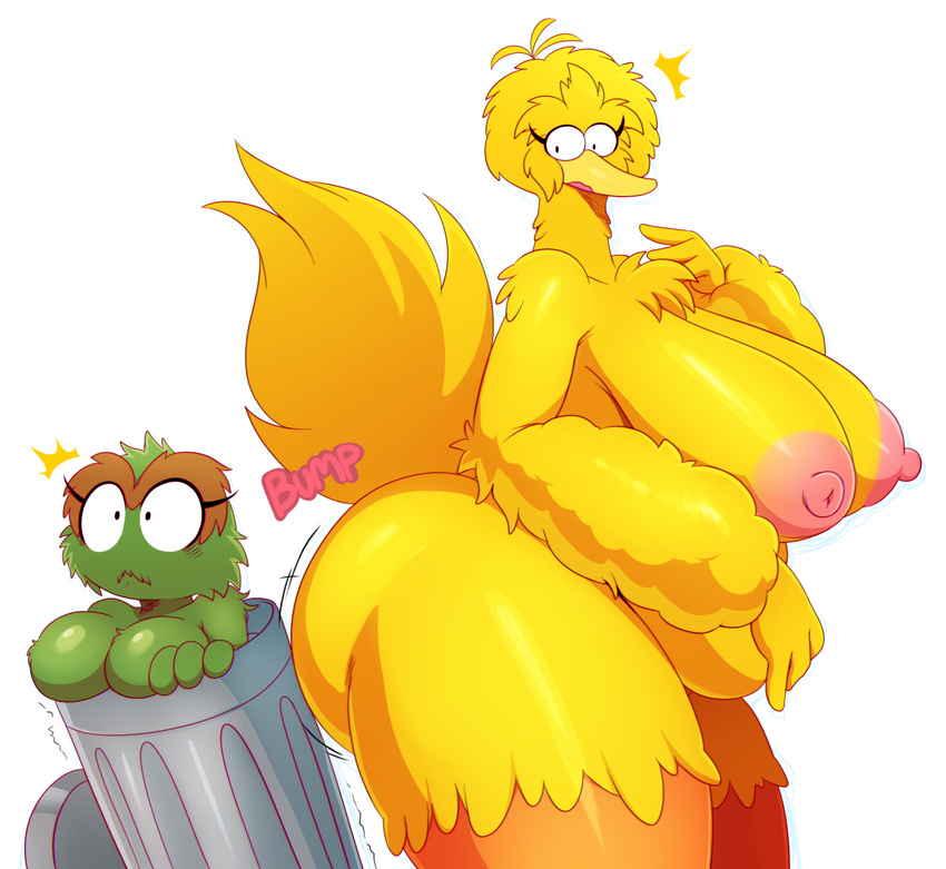 2015 areola avian big_bird big_breasts big_butt bird breasts butt chromatic_aberration chubby crossgender duo feathers female fur green_fur huge_breasts huge_butt hyper hyper_breasts monster nipples oscar_the_grouch overweight sesame_street simple_background sound_effects sssonic2 text white_background wide_eyed yellow_feathers