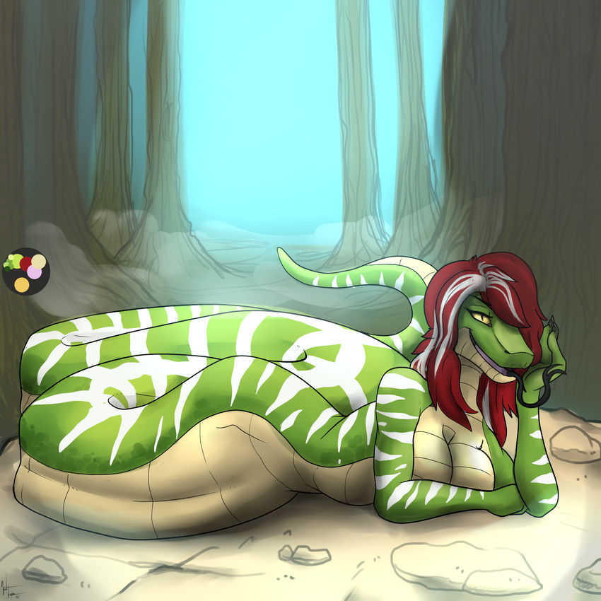2015 anthro bloodwolfe89 boa_constrictor breasts cleavage clothed clothing color_swatch esmera female forest forked_tongue green_skin hair hair_over_eye long_tongue lying nude on_front open_mouth outside red_hair reptile scalie slit_pupils snake solo stripes tongue tree white_hair
