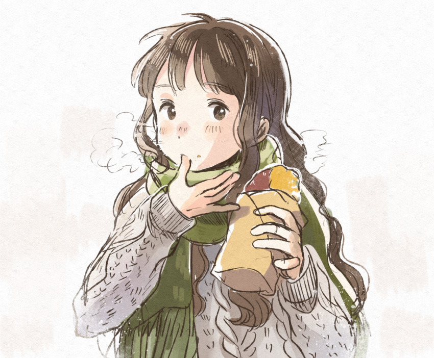 1girl bangs black_eyes black_hair breath finger_licking food food_on_face green_scarf grey_sweater holding holding_food kana_(okitasougo222) licking long_hair long_sleeves looking_at_viewer original scarf sketch solo steam sweater sweet_potato upper_body winter winter_clothes yakiimo