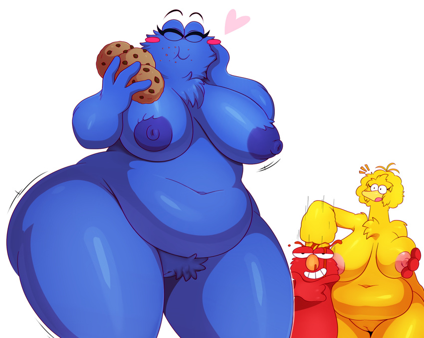 2015 anthro areola avian big_bird big_breasts bird blood blue_fur breasts chromatic_aberration chubby cookie cookie_monster crossgender elmo feathers female food fur group huge_breasts male male/female monster nipples nosebleed nude overweight pubes pussy red_fur sesame_street simple_background sssonic2 white_background yellow_feathers