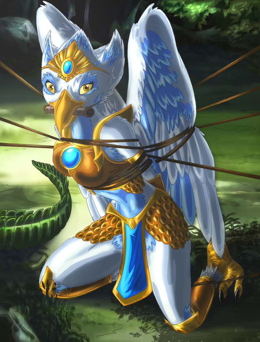 alligator anthro armor bdsm beak blue_feathers bondage bound breasts erikson1 eris eyelashes feathers female legends_of_chima lego looking_at_viewer navel open_mouth outside reptile rope scalie talons white_feathers yellow_eyes