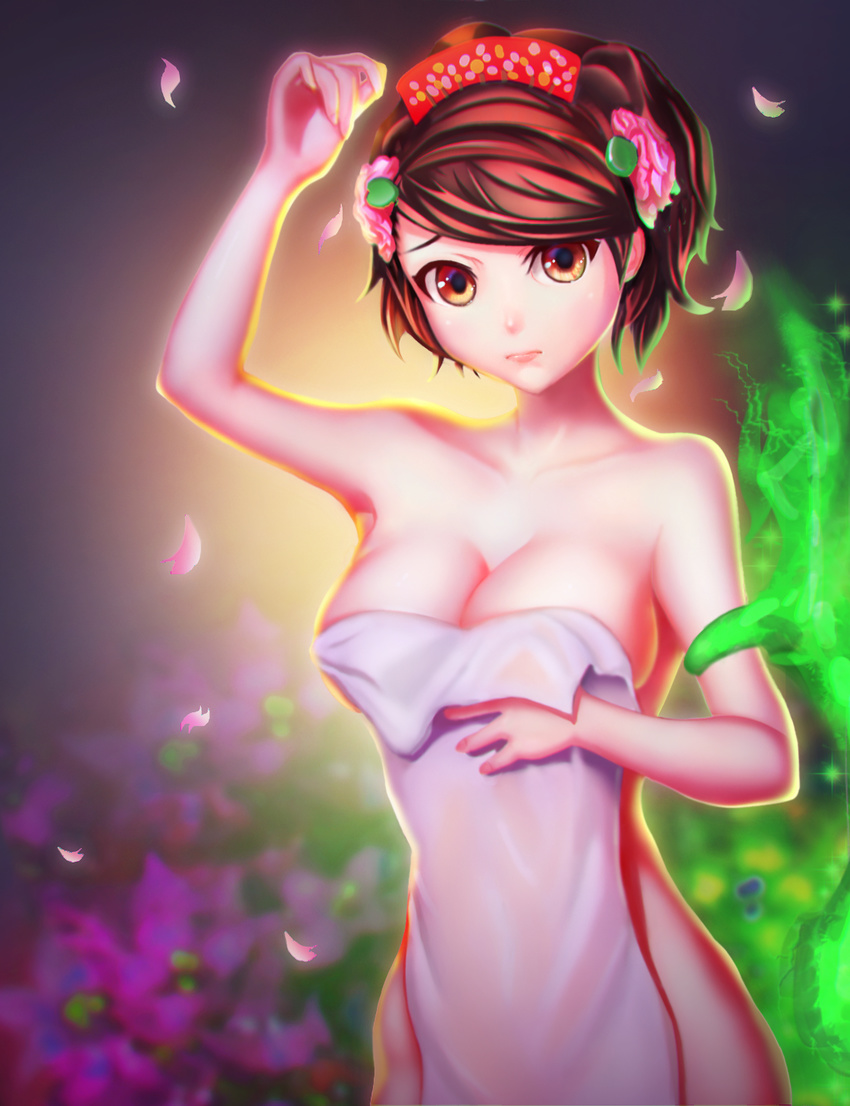 1girl arm arm_up artist_request bare_arms bare_shoulders breasts brown_eyes brown_hair cleavage collarbone female large_breasts looking_at_viewer momohime naked_towel neck nude_towel oboro_muramasa short_hair shy solo standing towel upper_body