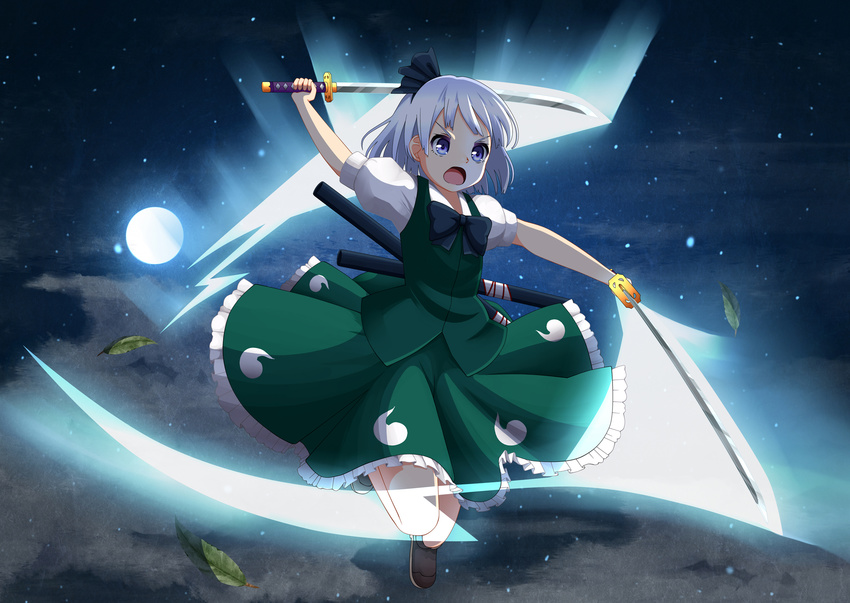 :o aps_(alice-momizi) blue_eyes dual_wielding energy frilled_skirt frills full_moon highres holding katana konpaku_youmu leaf moon sheath shirt short_hair silver_hair skirt slashing solo sword touhou v-shaped_eyebrows vest weapon