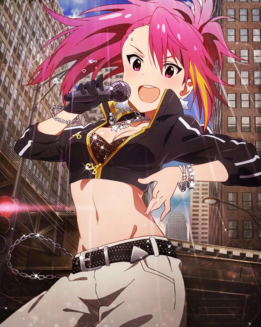 :d belt bracelet breasts chain chain_necklace cleavage cropped_jacket highres idolmaster idolmaster_million_live! jacket jewelry maihama_ayumu medium_breasts midriff multicolored_hair navel necklace official_art open_mouth smile solo star star_necklace streaked_hair track_jacket v-shaped_eyebrows waifu2x