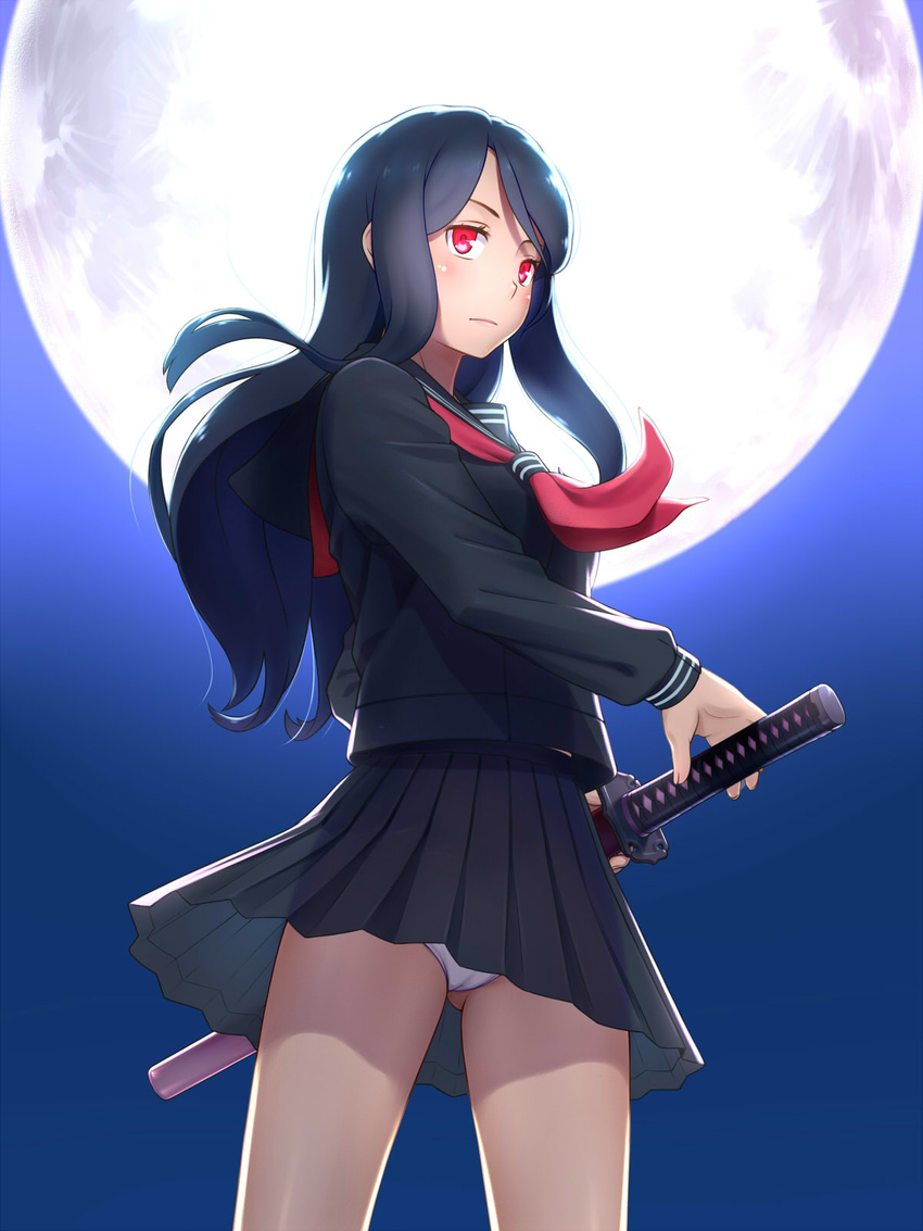 ass_visible_through_thighs black_hair black_serafuku cameltoe full_moon fullbottom highres long_hair moon neckerchief night night_sky original panties pantyshot pantyshot_(standing) pleated_skirt ready_to_draw red_eyes school_uniform serafuku skirt sky solo standing sword underwear weapon white_panties