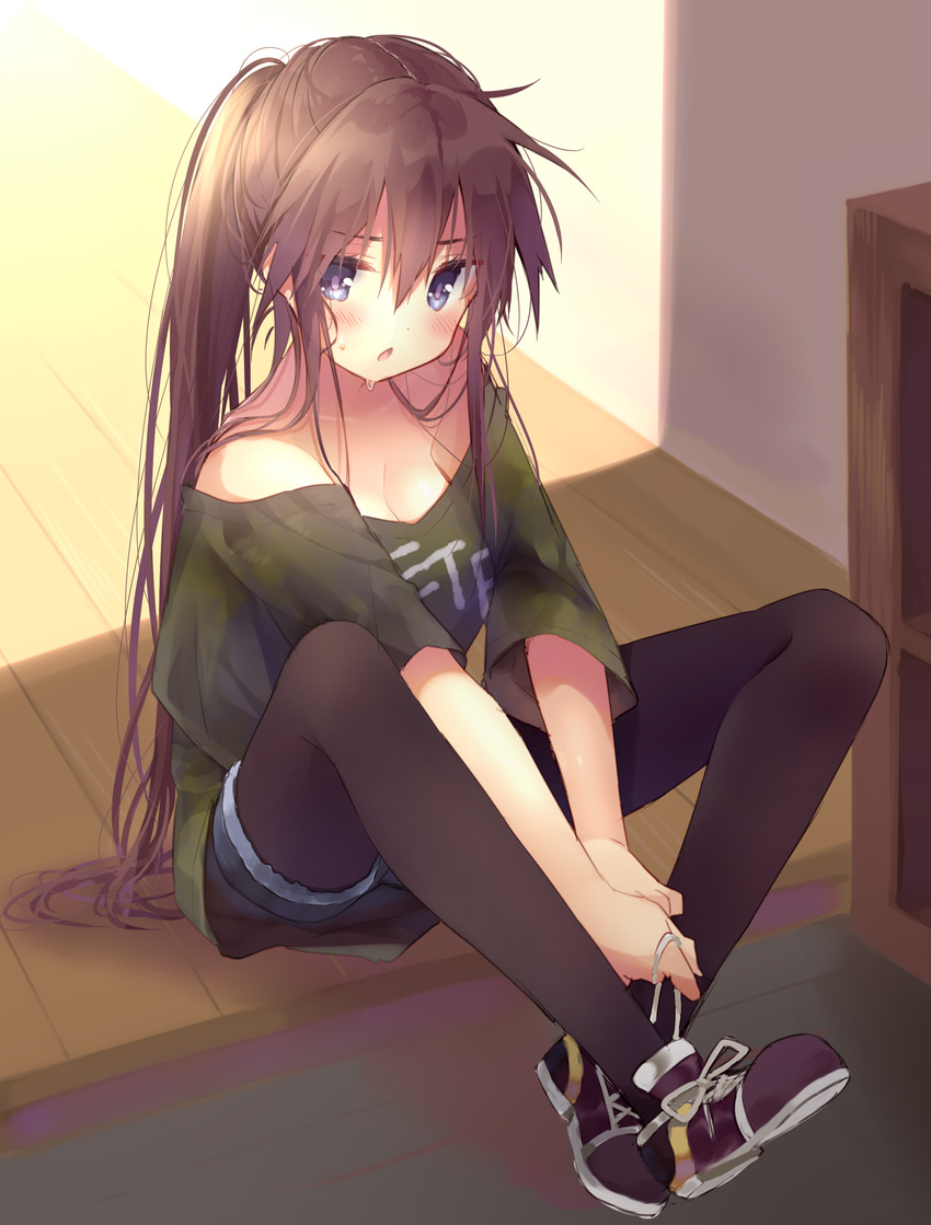 absurdres bare_shoulders black_legwear black_shirt blush breasts brown_hair cleavage clothes_writing highres legwear_under_shorts long_hair medium_breasts off-shoulder_shirt open_mouth original pantyhose pantyhose_under_shorts ponytail purple_eyes shirt shoes shorts sitting solo sunlight sweat usamata