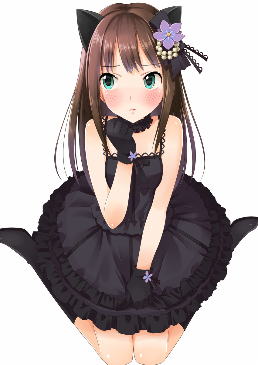 animal_ears bad_id bad_pixiv_id black_dress black_footwear black_gloves black_gothic_dress_(idolmaster) blush boots brown_hair cat_ears collar dress fake_animal_ears flower french_maid gloves green_eyes hair_flower hair_ornament highres idolmaster idolmaster_cinderella_girls knee_boots knees_together_feet_apart looking_away shibuya_rin simple_background sitting sleeveless sleeveless_dress solo white_background