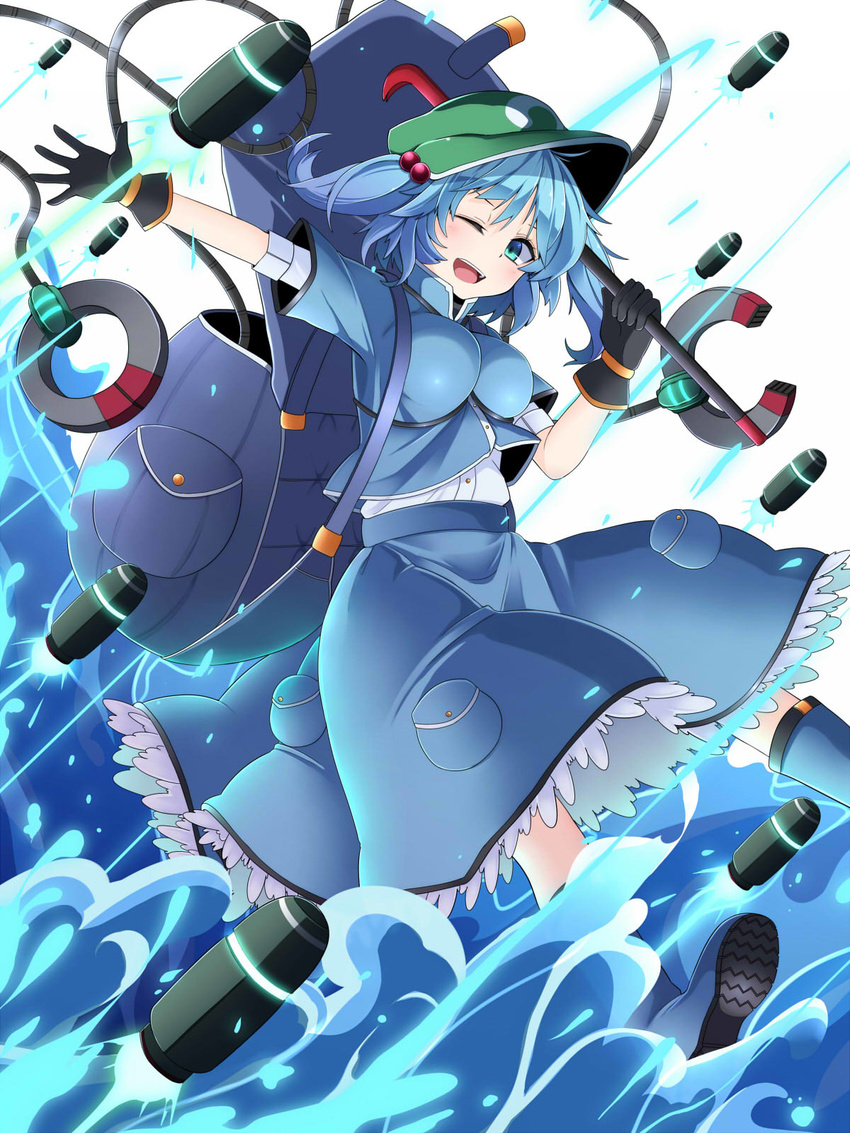 backpack bag black_gloves blue_eyes blue_hair crowbar gloves hair_bobbles hair_ornament hat highres kawashiro_nitori looking_at_viewer mechanical_arms one_eye_closed open_mouth revision rihito_(usazukin) shirt short_sleeves skirt smile solo touhou twintails two_side_up water