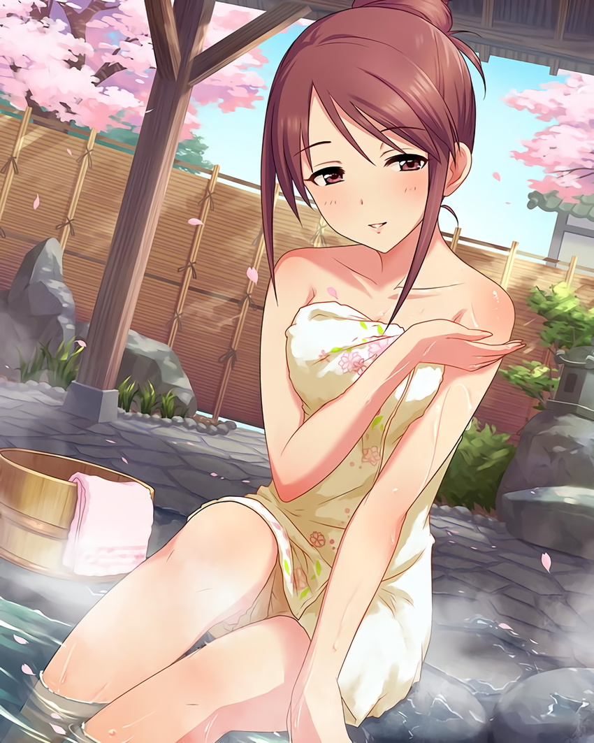 artist_request bare_shoulders body_blush brown_eyes brown_hair cherry_blossoms highres idolmaster idolmaster_cinderella_girls jpeg_artifacts looking_at_viewer mifune_miyu naked_towel official_art parted_lips print_towel sitting soaking_feet solo towel waifu2x wash_cloth washpan water wet white_towel