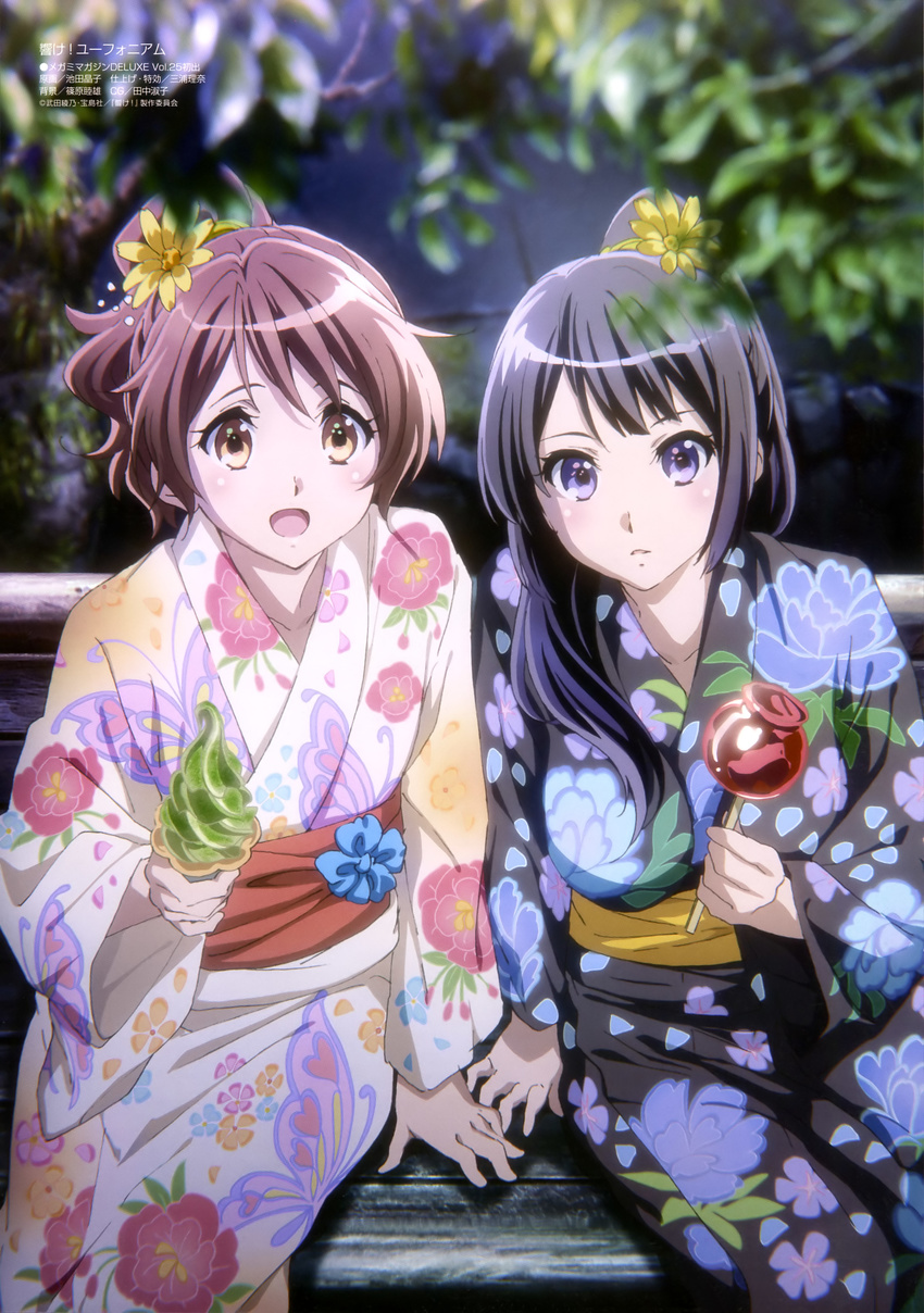 :d absurdres black_hair brown_eyes brown_hair candy_apple floral_print flower food hair_flower hair_ornament hibike!_euphonium highres ice_cream ikeda_shouko japanese_clothes kimono kousaka_reina multiple_girls non-web_source official_art open_mouth oumae_kumiko ponytail purple_eyes smile summer_festival yukata