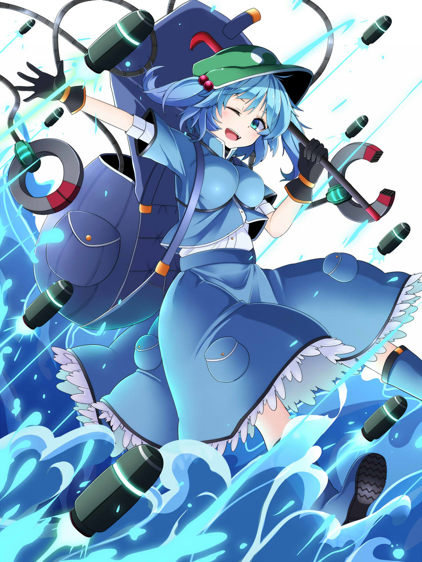 backpack bad_id bad_pixiv_id bag black_gloves blue_eyes blue_hair crowbar gloves hair_bobbles hair_ornament hat highres kawashiro_nitori looking_at_viewer mechanical_arms one_eye_closed open_mouth rihito_(usazukin) shirt short_sleeves skirt smile solo touhou twintails two_side_up water