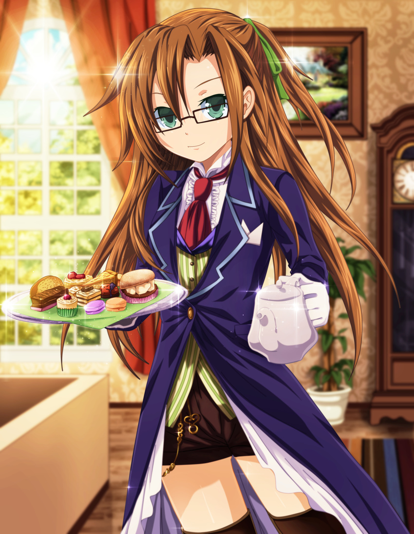 absurdres alternate_costume bow brown_hair butler cake female_butler food glasses green_eyes hair_bow hair_ornament highres huge_filesize if_(choujigen_game_neptune) long_hair necktie neptune_(series) planeptune ribbon solo teapot