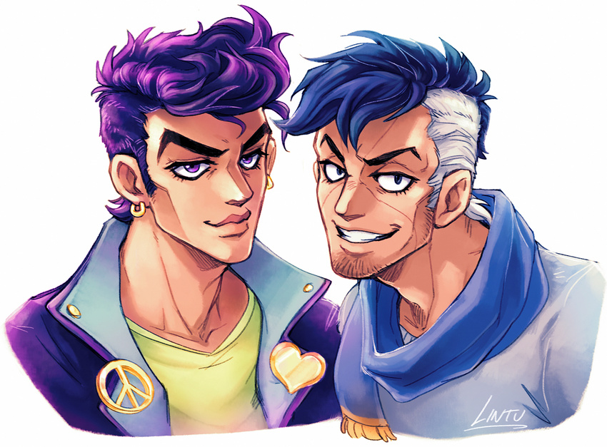 blue_hair earrings facial_hair facial_mark goatee grin heart higashikata_jousuke jacket jewelry jojo_no_kimyou_na_bouken lintufriikki male_focus multicolored_hair multiple_boys nijimura_okuyasu older peace_symbol pompadour purple_hair scarf sideburns signature smile two-tone_hair white_hair