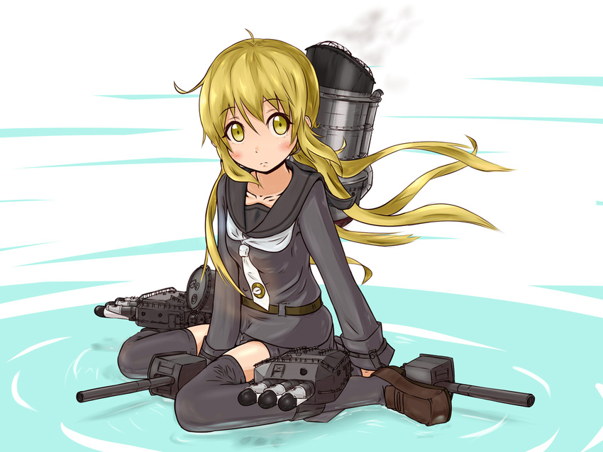 black_legwear blonde_hair blush cannon kantai_collection long_hair long_sleeves looking_at_viewer rigging satsuki_(kantai_collection) school_uniform serafuku sitting smoke smokestack solo suzushiro_(gripen39) thighhighs turret wariza yellow_eyes