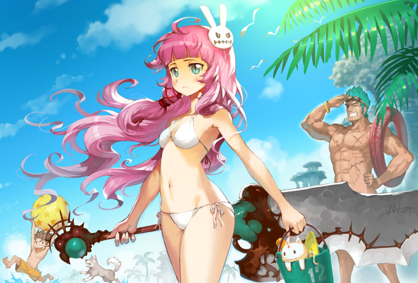 1girl 2boys ;d abs ahoge aqua_hair artist_name ball beachball bikini bird blue_eyes blue_sky breasts brown_hair bucket bunny_hair_ornament dated day dog frown goggles goggles_on_head hair_ornament holding holding_sword holding_weapon innertube looking_at_viewer male_swimwear multiple_boys muscle navel one_eye_closed open_mouth pink_hair rod scar seagull side-tie_bikini sky small_breasts smile spiked_hair standing swim_trunks swimsuit swimwear sword tree van(yoroshigu) weapon white_bikini wristband