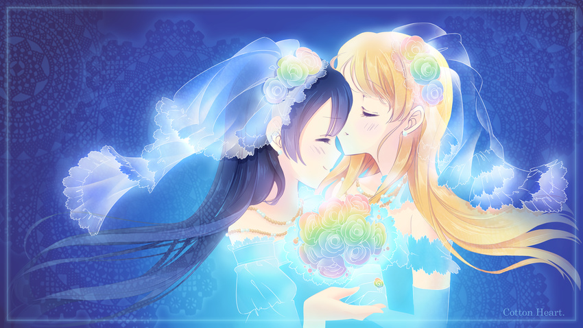 ayase_eli bangs blonde_hair blue_hair blush bouquet closed_eyes earrings flower gloves hair_down hair_ornament highres jewelry long_hair love_live! love_live!_school_idol_project mimori_(cotton_heart) multiple_girls necklace rainbow sonoda_umi wedding wife_and_wife yuri