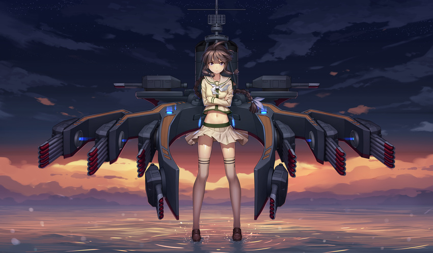 athrun1120 backlighting bangs black_hair blunt_bangs braid cloud commentary_request crossed_arms double_horizontal_stripe full_body gunbuster_pose highres kantai_collection kitakami_(kantai_collection) legs legs_apart loafers long_hair long_legs midriff navel remodel_(kantai_collection) school_uniform serafuku serious shoes single_braid sky slim_legs solo standing star_(sky) starry_sky thighhighs torpedo turret