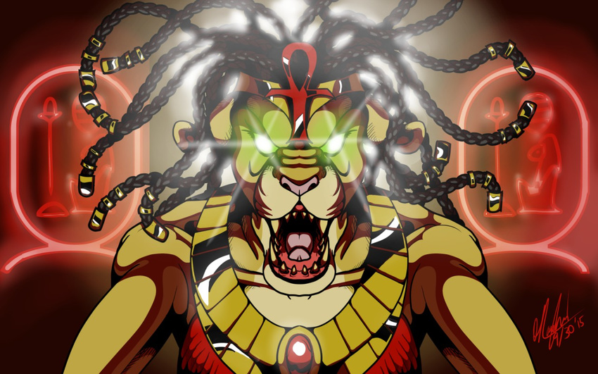 2015 angry anthro backlit bared_teeth clothed clothing deity dreadlocks egyptian feline female fur glowing glowing_eyes hair jewelry lion lonewolf_(343) long_hair looking_at_viewer mammal muscular muscular_female mythology open_mouth roaring sekhmet_(character) sharp_teeth solo teeth tongue