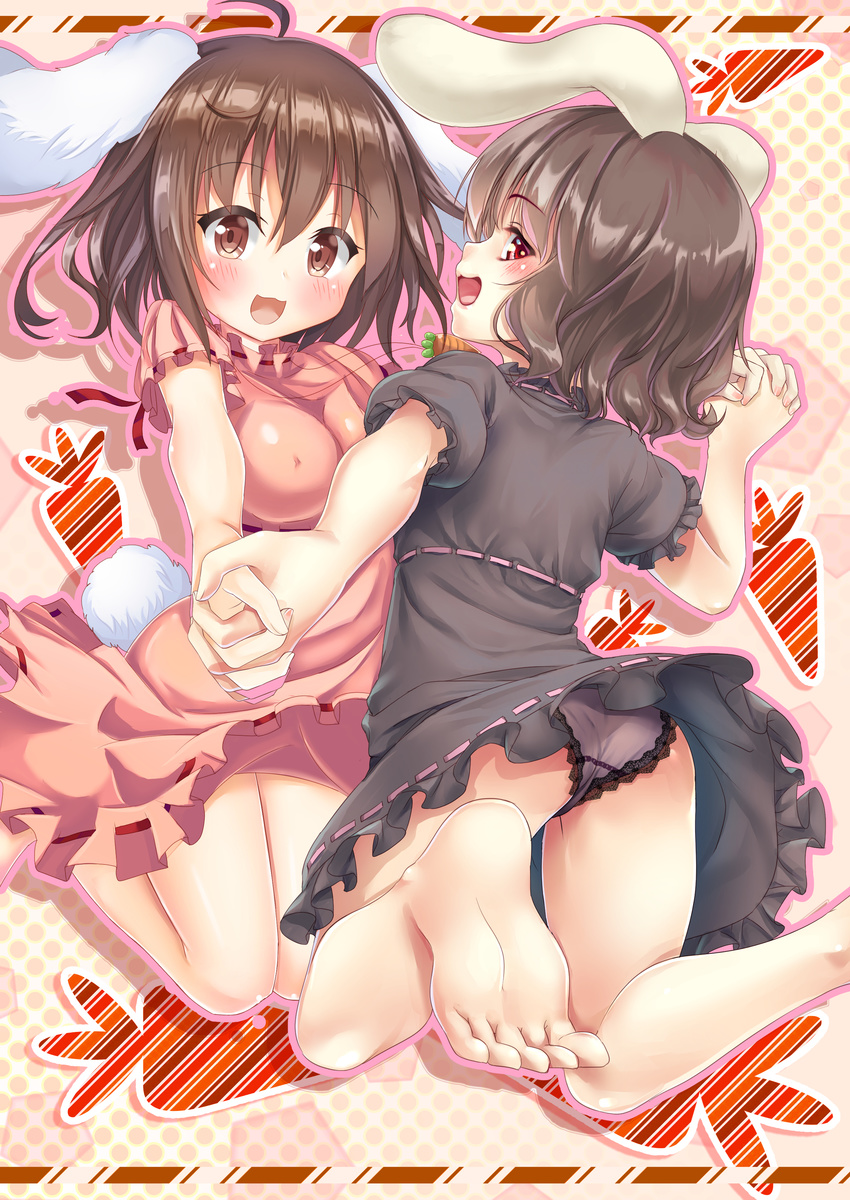 absurdres alternate_color animal_ears ass bad_revision bare_legs barefoot black_dress blush breasts brown_eyes brown_hair bunny_ears bunny_tail carrot collaboration covered_nipples dress dual_persona ecou feet grey_panties highres holding_hands inaba_tewi interlocked_fingers jewelry kneeling lace lace-trimmed_panties large_breasts looking_at_viewer looking_back md5_mismatch multiple_girls necklace open_mouth panties pantyshot pantyshot_(kneeling) pendant pink_dress puffy_short_sleeves puffy_sleeves red_eyes short_sleeves smile tail touhou underwear unushi