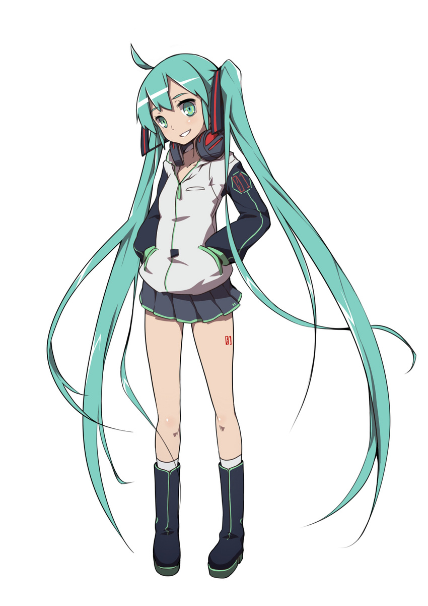 ahoge aize boots full_body green_eyes green_hair hands_in_pockets hatsune_miku headphones headphones_around_neck highres jacket kneehighs long_hair looking_at_viewer ribbon simple_background skirt smile solo twintails very_long_hair vocaloid white_background