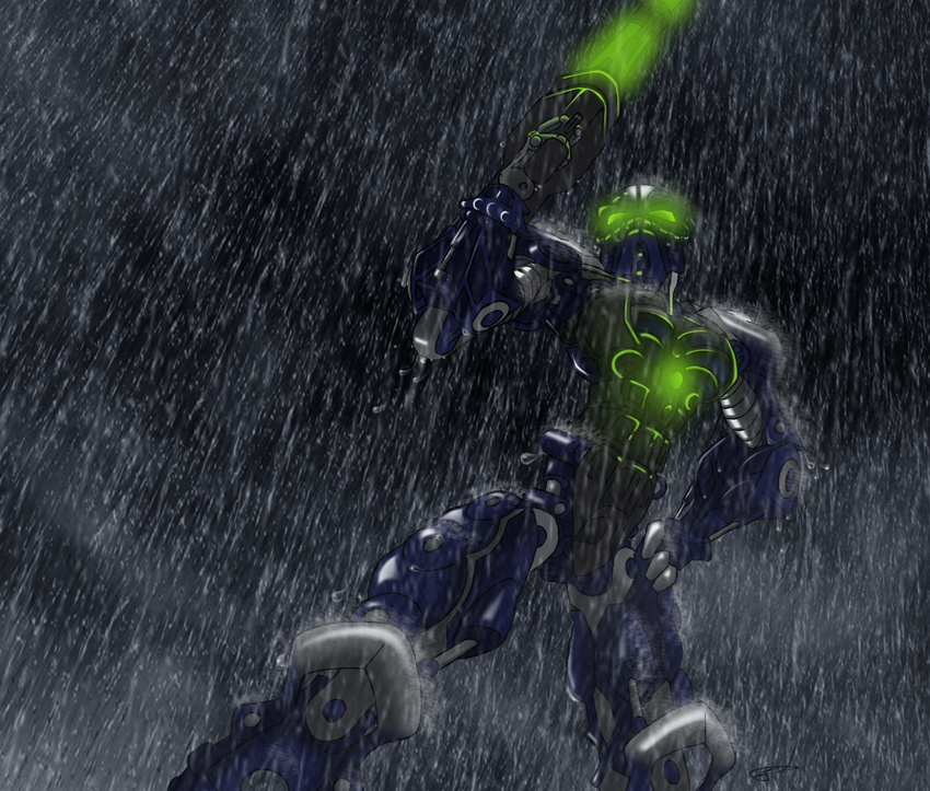 ambiguous_gender armor bionicle green_eyes hahli lego machine mask outside pose quynzel raining robot solo standing toa water weapon