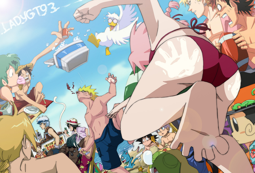 6+boys artist_name ass beach bikini bleach blood cooler crossover day dragon_ball dragon_ball_z edward_elric eyeshield_21 fairy_tail food football_(object) franky fullmetal_alchemist gen_1_pokemon gintama glasses hand_print happy_(fairy_tail) haruno_sakura hat hawaiian_shirt hiruma_youichi ice ice_cream katekyo_hitman_reborn! keroro keroro_gunsou kobayakawa_sena kuchiki_rukia ladygt93 leon_(reborn) lotion maison_ikkoku male_swimwear monkey_d_luffy mousse_(duck) multiple_boys multiple_girls naruto naruto_(series) ocean one_piece outdoors pokemon pokemon_(creature) ranma_1/2 reborn sakata_gintoki sawada_tsunayoshi shirt shounen_jump son_goten souichirou_(dog) staryu stretched_limb sunscreen swim_trunks swimsuit swimwear ten_(urusei_yatsura) trunks_(dragon_ball) urusei_yatsura uzumaki_naruto water