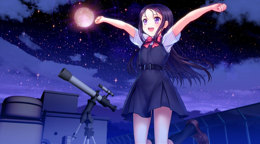 :d belt black_hair charlotte_(anime) eclipse hair_ornament hairclip highres jumping kneehighs loafers long_hair lunar_eclipse moon mutsuki_(moonknives) open_mouth otosaka_ayumi purple_eyes red_moon school_uniform shoes smile solo telescope