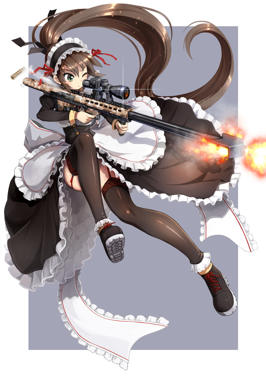 aiming anti-materiel_rifle apron bail bangs barrett_m82 black_dress black_footwear black_legwear black_ribbon blush border bow brown_hair bullet camouflage closed_mouth cross-laced_footwear dress fire firing frilled_apron frilled_dress frills frown full_body garter_straps green_eyes grey_background gun highres holding holding_weapon lace lens_flare long_hair long_sleeves maid maid_headdress motion_blur one_eye_closed ponytail puffy_sleeves red_bow red_ribbon ribbon rifle shoes smoke sniper_rifle solo thighhighs very_long_hair weapon