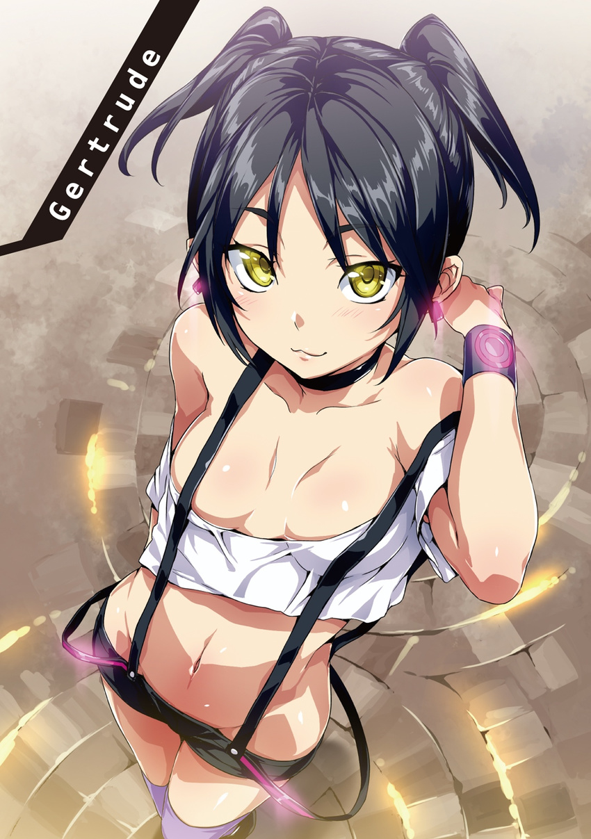 :3 arm_behind_back bangs bare_shoulders black_hair black_shorts breasts breasts_apart character_name choker cleavage collarbone convenient_censoring crop_top earrings english eyebrows_visible_through_hair foreshortening from_above gertrude_baird glowing glowing_earrings groin highres hisasi jewelry light_blush light_smile looking_at_viewer looking_up lowleg lowleg_shorts masou_gakuen_hxh midriff mons_pubis navel neon_trim no_bra novel_illustration official_art parted_bangs purple_legwear raised_eyebrows scan shirt short_hair short_shorts short_sleeves short_twintails shorts small_breasts solo standing suspenders thighhighs tsurime twintails white_shirt wristband yellow_eyes