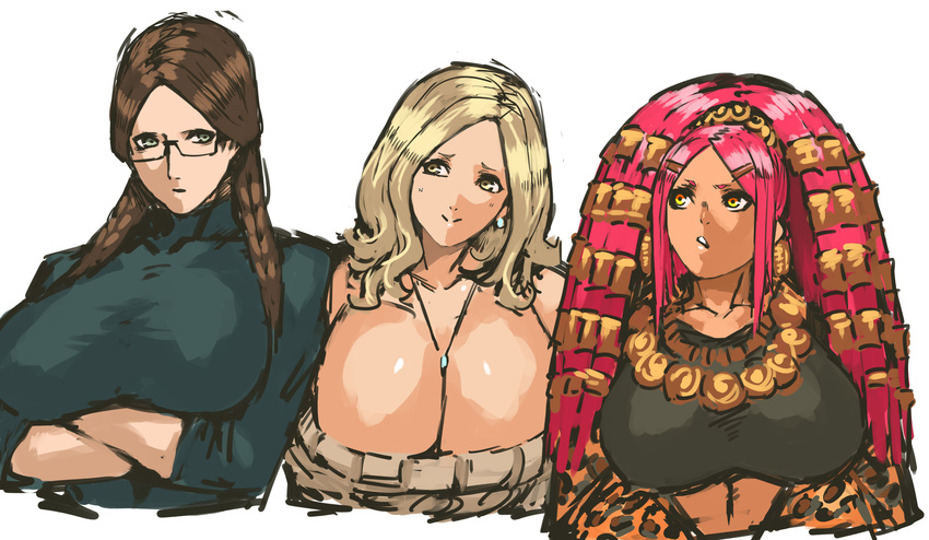 3girls absurdres bangs between_breasts big_hair blonde_hair blunt_bangs braid breasts brown_hair curly_hair dark_skin earrings glasses glasses_girl_(nameo) green_eyes hair_ornament highres huge_breasts jacket jewelry large_breasts long_hair multicolored_hair multiple_girls nameo_(judgemasterkou) no_bra open_clothes open_jacket original parted_bangs pink_hair plaid plaid_skirt semi-rimless_glasses short_hair shorts silver_hair simple_background skirt standing twin_braids under-rim_glasses very_dark_skin