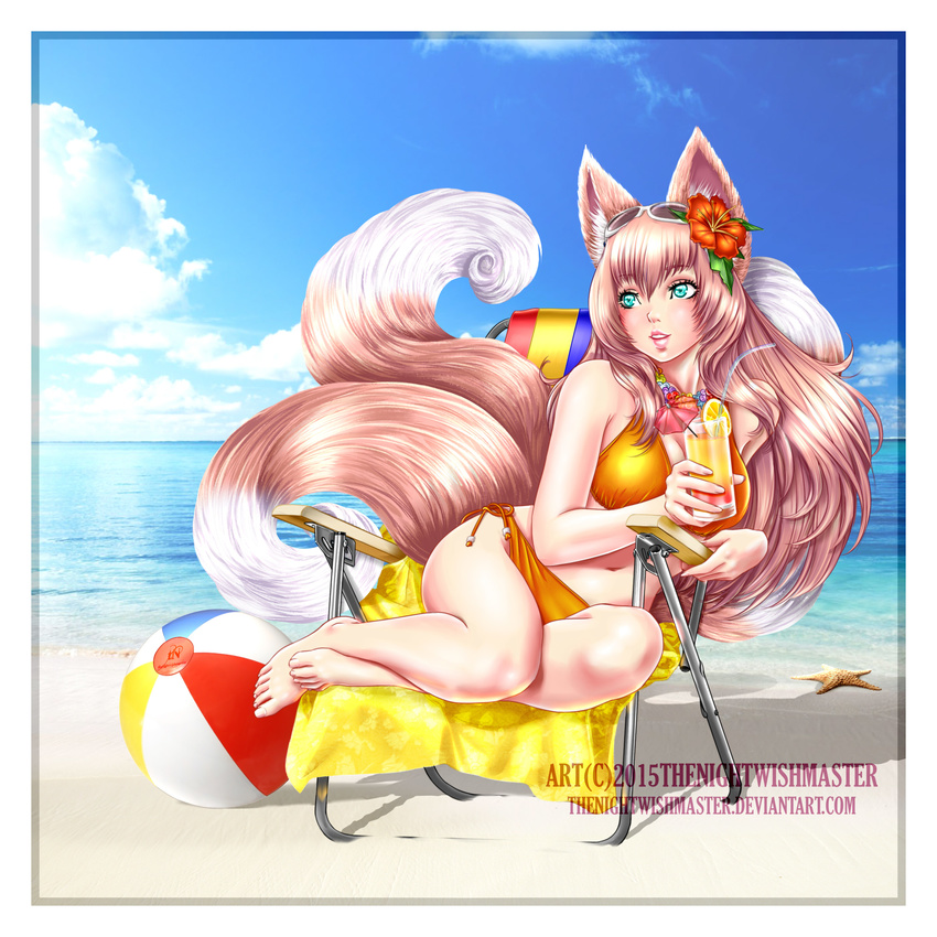 2015 animal_humanoid ball beach bikini blue_eyes breasts brown_fur brown_hair canine chair cleavage clothed clothing cloud eyewear female flower fox fox_humanoid fox_tail fur glass hair hi_res human humanoid invalid_tag lips long_hair mammal multiple_tails nails navel outside plant sand sea seaside sitting sky solo sunglasses swimsuit thenightwishmaster water white_fur