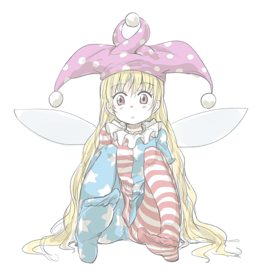 american_flag_dress american_flag_legwear blonde_hair clownpiece fairy_wings feet full_body hat highres jester_cap long_hair looking_at_viewer nibi pantyhose pink_eyes simple_background sitting solo striped striped_legwear touhou very_long_hair white_background wings