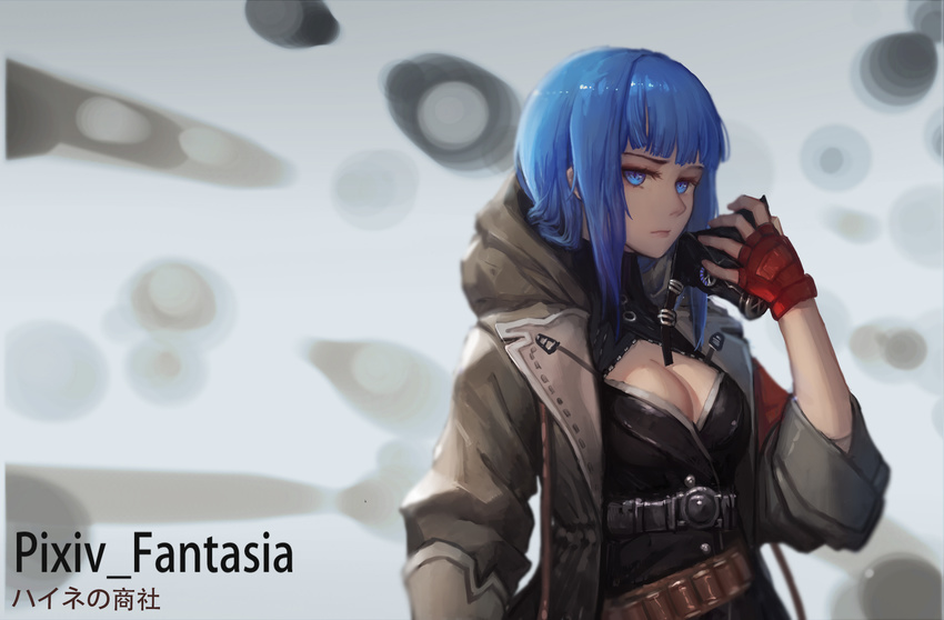 bangs belt blue_eyes blue_hair blunt_bangs breasts buckle closed_mouth copyright_name fingerless_gloves gas_mask gloves gods_(1073337800) highres holding holding_mask hood hooded_jacket jacket mask mask_removed medium_breasts pixiv_fantasia pixiv_fantasia_t red_gloves short_hair sleeves_folded_up solo upper_body