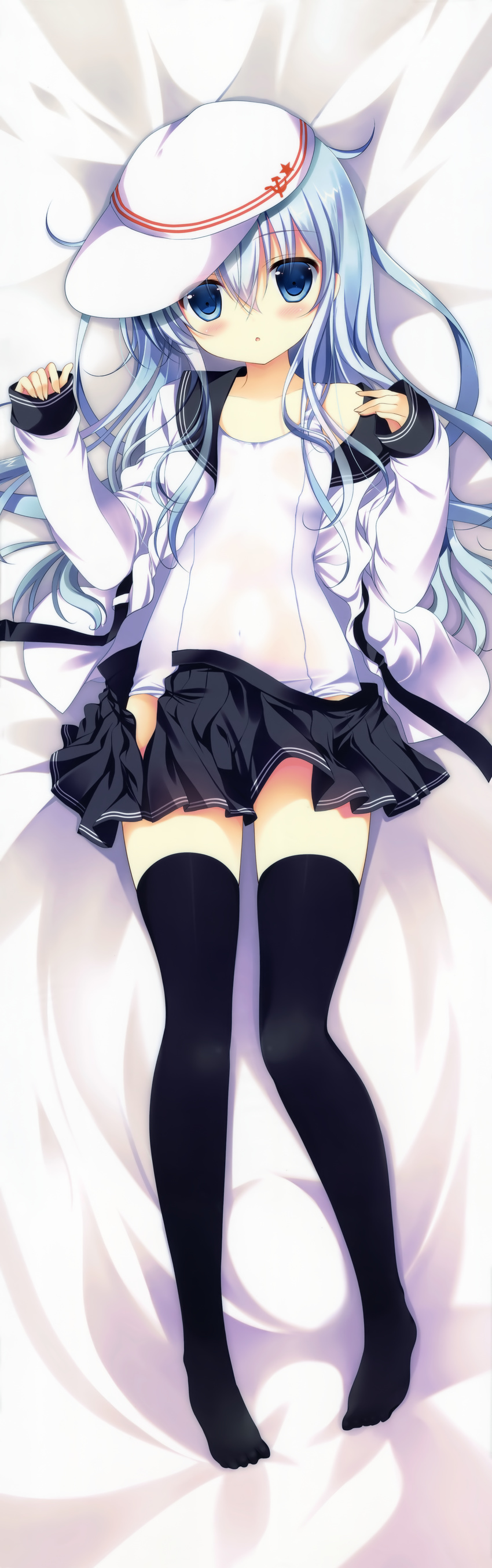 absurdres black_legwear blue_eyes blue_hair dakimakura full_body hat hibiki_(kantai_collection) highres huge_filesize kantai_collection long_hair long_sleeves one-piece_swimsuit open_clothes open_shirt school_swimsuit shirogane_hina shirt skirt solo swimsuit thighhighs verniy_(kantai_collection) white_school_swimsuit white_swimsuit zettai_ryouiki