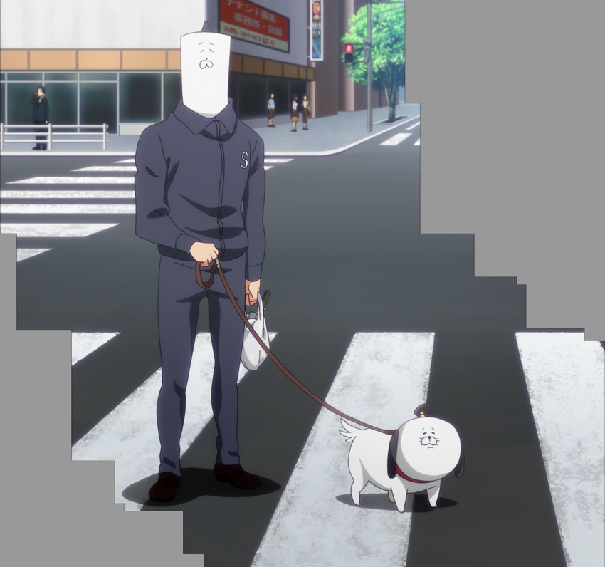absurdres artist_self-insert bag closed_eyes day dog dog_walking grocery_bag highres himouto!_umaru-chan holding_leash jacket leash long_sleeves outdoors road screencap shopping_bag standing stitched third-party_edit