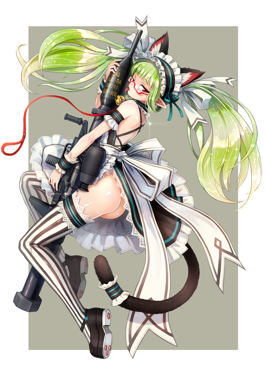 animal_ears apron ass bail bangs bare_shoulders bell bell_choker black_footwear blunt_bangs blush bow cat_ears cat_tail choker detached_sleeves dress fake_animal_ears frilled_apron frills full_body garters glasses green_hair grey_background hair_bow highres holding holding_weapon lace lace-trimmed_apron lace-trimmed_dress lace-trimmed_ornament leash lens_flare licking long_hair looking_at_viewer maid maid_headdress mary_janes no_panties original panzerfaust-3 pointy_ears red-framed_eyewear red_eyes ribbon saliva shoes simple_background solo striped striped_legwear tail tail_garter tail_ornament text_focus thighhighs tongue tongue_out twintails vertical-striped_legwear vertical_stripes weapon wrist_cuffs