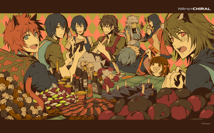 animal_ears apple apron argyle argyle_background artist_request blue_eyes blue_hair brown_hair cake candy cat_ears character_request chocolate chocolate_making company_name copyright_request fangs food fruit furoshiki green_hair hair_ribbon heart heart_in_mouth heart_print highres hot_sauce kagari_(lamento) kitani_kouhei knife konoe lamento limited_palette milk multiple_boys multiple_girls nitro+_chiral orange_hair red_eyes ribbon sakiyama_youji slit_pupils smile sweet_pool togainu_no_chi tokino_(lamento) valentine watermark