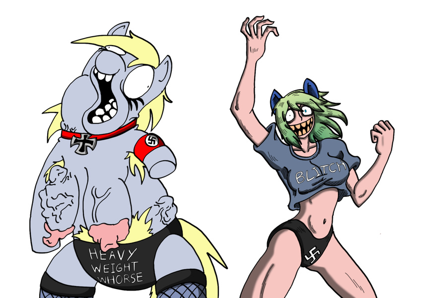 2012 armpit_hair big_breasts black_eyes blonde_hair blue_eyes bluestriker breasts clothed clothing curtsibling derp derp_eyes derpy_hooves_(mlp) digital_media_(artwork) duo english_text equine eyebrows eyelashes female friendship_is_magic fur green_hair grey_fur grin hair half-dressed horse human iron_cross legwear looking_at_viewer mammal my_little_pony nazi necklace nipples parody pegaslut pegasus pony shirt stockings swastika teeth text underwear vein white_sclera wings yellow_teeth