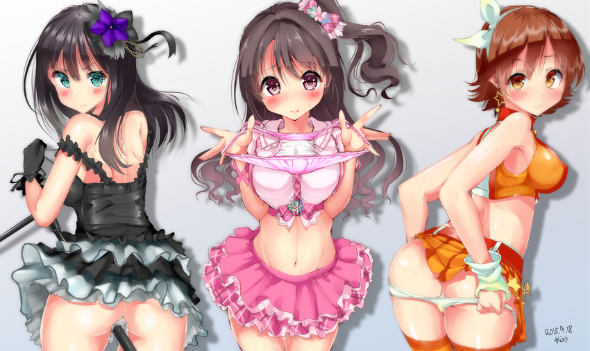 ass black_gothic_dress_(idolmaster) black_panties blush highres holding holding_panties honda_mio idolmaster idolmaster_cinderella_girls looking_at_viewer mokufuu multiple_girls navel new_generations panties panties_removed panty_pull pink_check_school pink_panties presenting_panties shibuya_rin shimamura_uzuki sunset_nostalgie underwear white_panties