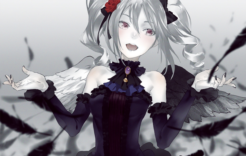 bare_shoulders black_wings blush breasts detached_sleeves dress drill_hair flower hair_flower hair_ornament hair_ribbon idolmaster idolmaster_cinderella_girls kanzaki_ranko long_hair nail_polish open_mouth red_eyes redjuice revision ribbon rosenburg_engel silver_hair sleeveless sleeveless_dress small_breasts smile solo twin_drills twintails wings