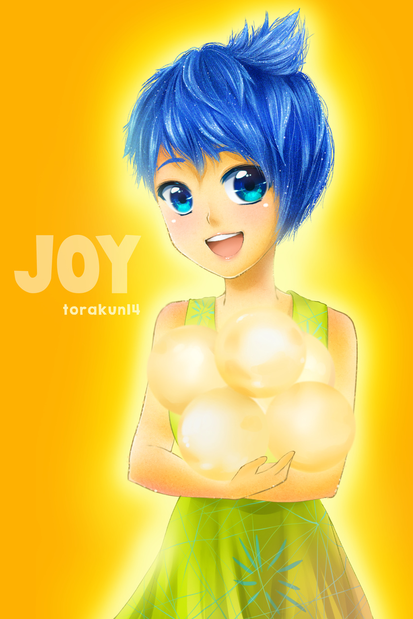 absurdres artist_name bad_id bad_pixiv_id blue_eyes blue_hair character_name highres inside_out joy_(inside_out) open_mouth pixar short_hair smile solo sparkle torakun14 yellow_skin