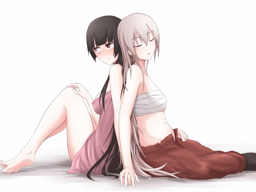back-to-back bare_legs barefoot black_hair breasts closed_eyes collarbone feet fujiwara_no_mokou full_body hands_together holding_hands houraisan_kaguya kuroba_rapid long_hair looking_away md5_mismatch multiple_girls navel no_shirt open_mouth pants red_eyes red_pants sarashi simple_background sleeping small_breasts touhou very_long_hair white_background white_hair