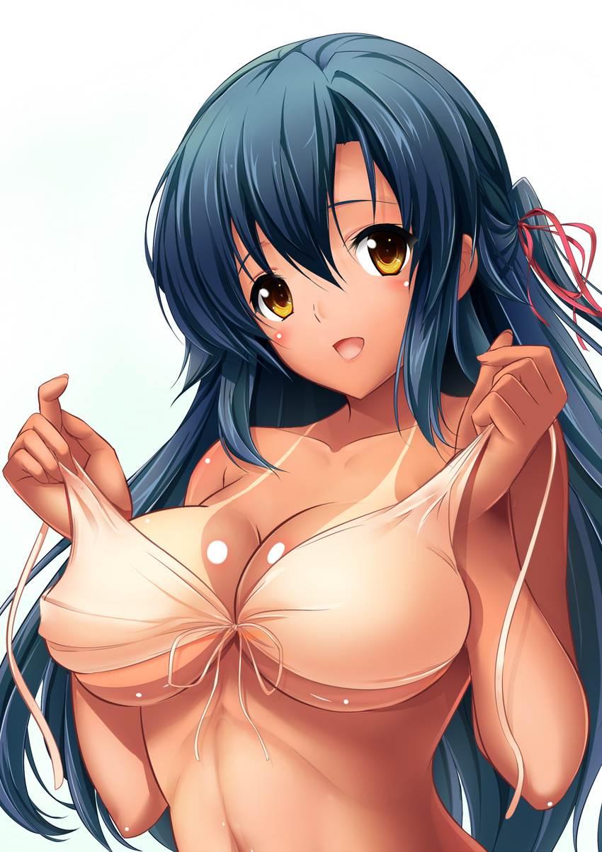 bikini black_hair blush breasts bug_(artist) front-tie_top hair_ribbon highres large_breasts long_hair one_side_up open_mouth original ribbon simple_background smile solo swimsuit tan tanline undressing untied untied_bikini white_background white_bikini yellow_eyes