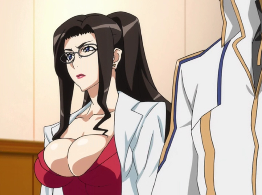 1boy 1girl blue_eyes breasts brown_hair cleavage doctor dragonaut female glasses highres huge_breasts kitajima_yuuri labcoat large_breasts lipstick long_hair makeup pink_lipstick screencap solo stitched