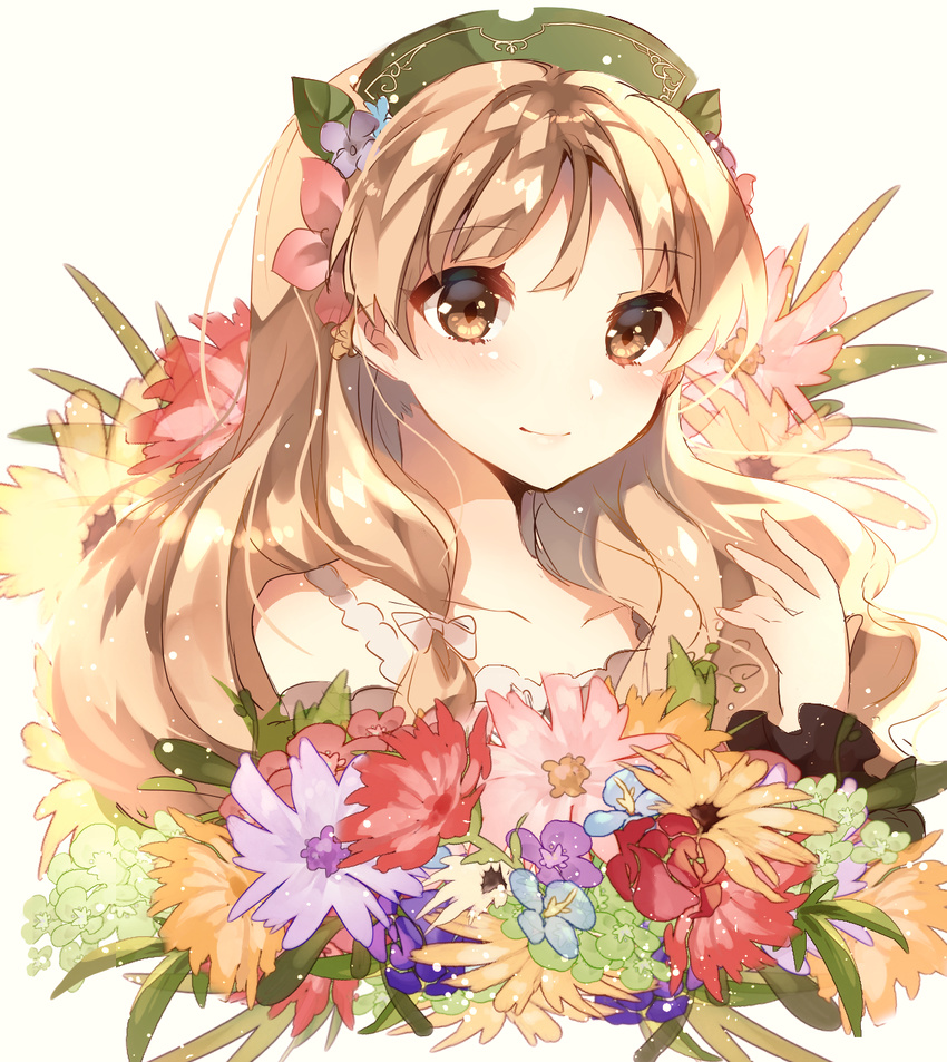 atelier_(series) atelier_ayesha ayesha_altugle bad_id bad_pixiv_id brown_eyes flower hair_flower hair_ornament hat highres light_brown_hair long_hair smile solo sweetroad upper_body white_background