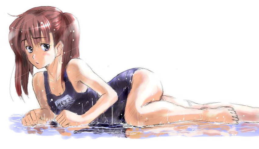 akasaai arm_support barefoot black_eyes brown_hair jpeg_artifacts lying name_tag oekaki on_side one-piece_swimsuit original puddle reflection school_swimsuit short_hair sketch solo swimsuit twintails water wet