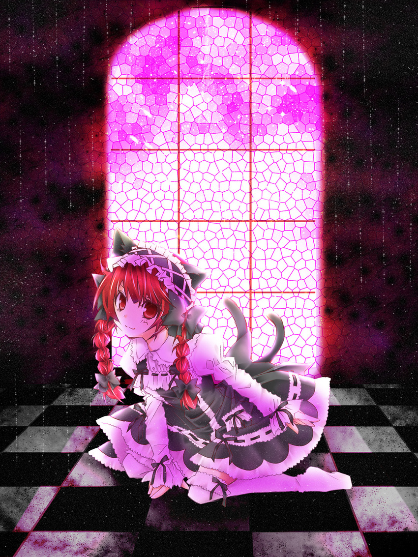 animal_ears bad_id bad_pixiv_id braid cat_ears cat_tail checkered checkered_floor chireiden gothic_lolita graphite_(medium) hair_ribbon highres kaenbyou_rin kneeling lolita_fashion misato_miyu mixed_media multiple_tails red_eyes red_hair ribbon short_hair smile solo stained_glass tail thighhighs touhou traditional_media twin_braids twintails vanishing_point window