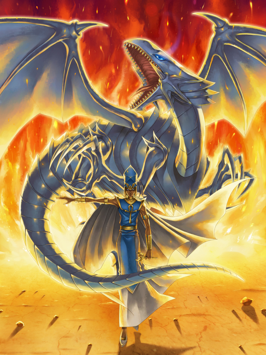 asai_yuichi blue-eyes_white_dragon dragon duel_monster fire highres kaiba_seto male_focus yuu-gi-ou yuu-gi-ou_duel_monsters