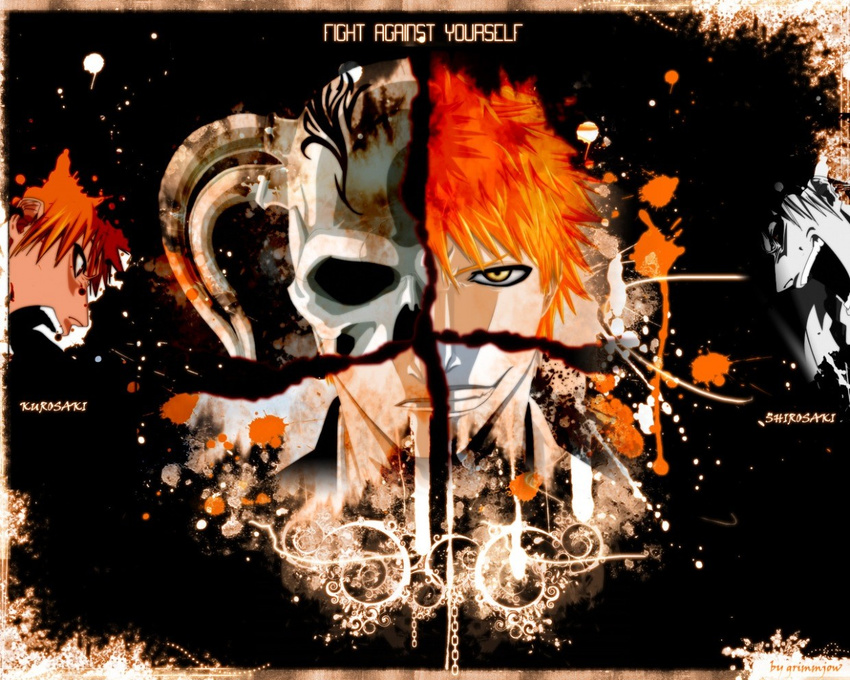 bleach hollow_ichigo horns kurosaki_ichigo male male_focus mask open_mouth orange_hair scream screaming shirosaki_hichigo smile spoilers vizard